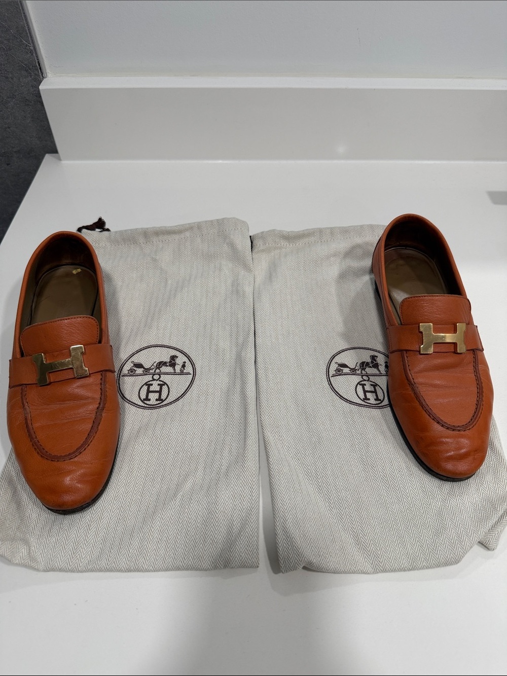 Hermes Tan Leather Loafers with Gold H Buckle